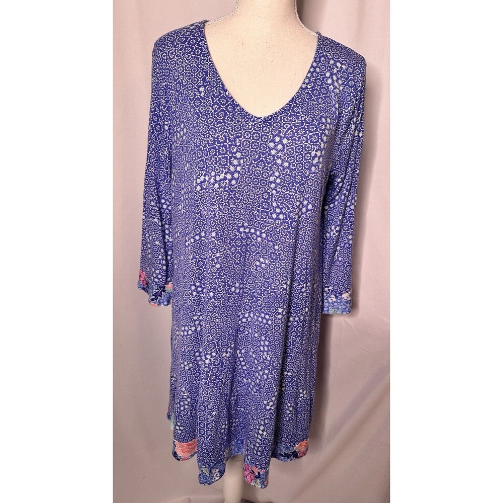 Ellen Tracy Dress Size M 3/4 sleeve Blue Tunic‎ Vneck Rayon
